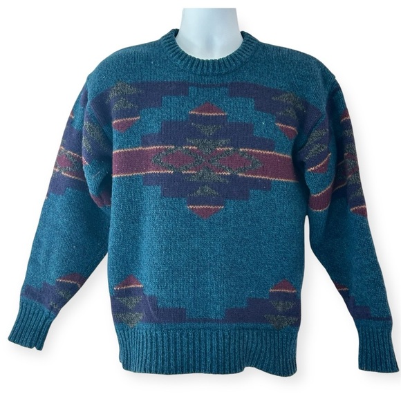 EDDIE BAUER VTG 90s Wool Aztec Tribal Knit Crewneck Sweater Unisex Men S Women M - Picture 1 of 9